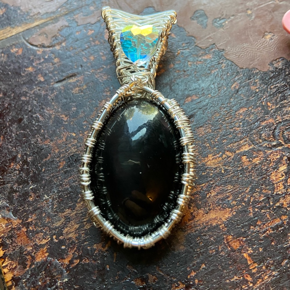Onyx and Silver Wire-Wrapped Pendant